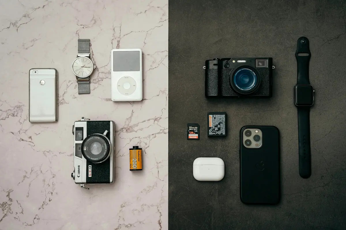 Classic and modern tech gadgets displayed side-by-side